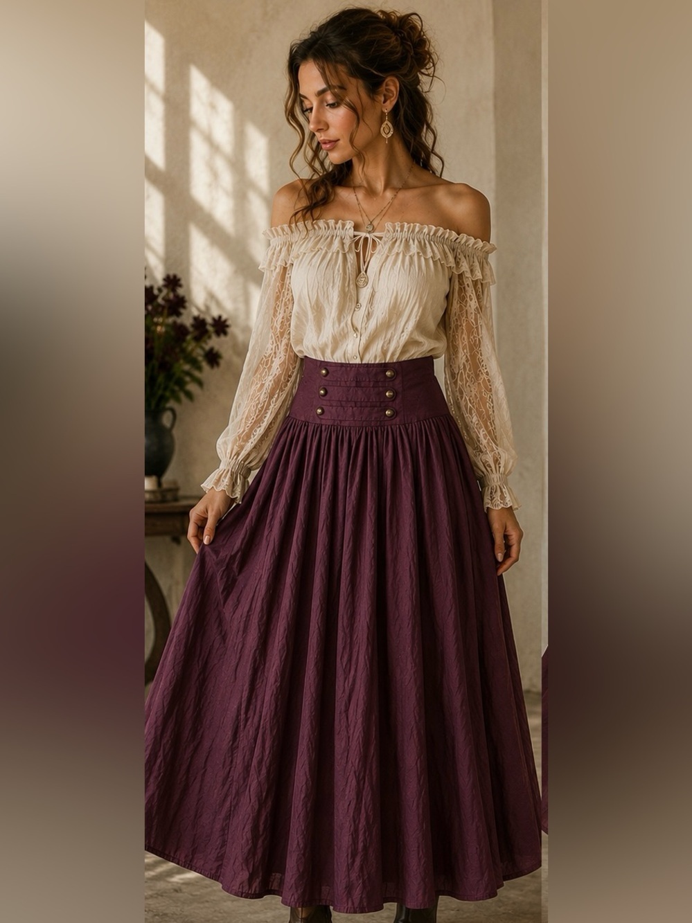 Burgundy Maxi Skirt High Waist Brass Button Cottagecore Renaissance Full Sweep